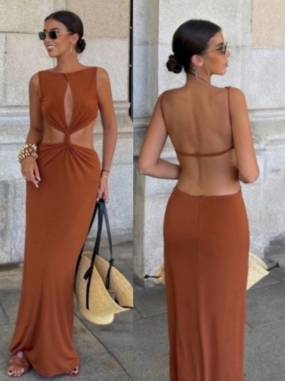 Viral Zara brown Cut Out Maxi Dress Size S - Picture 3 of 6